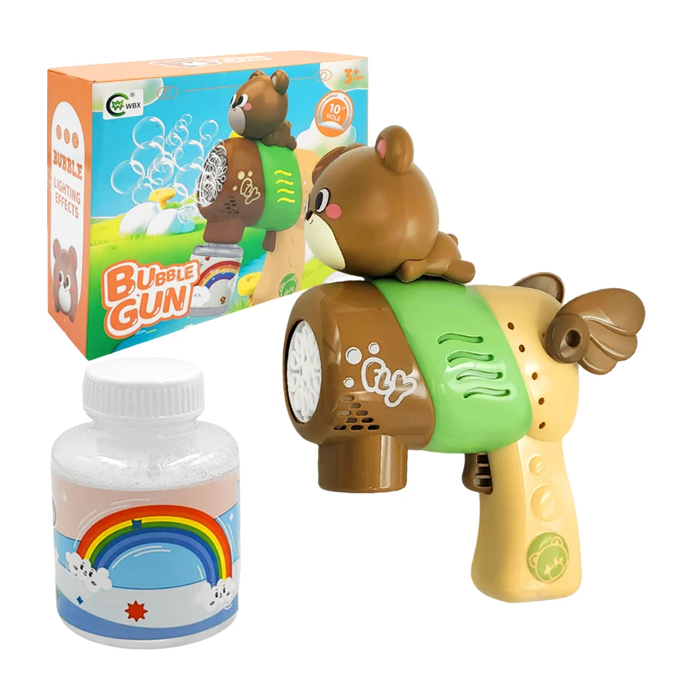 Pistola lanza burbujas eléctrica infantil con figura de oso y botella de jabón