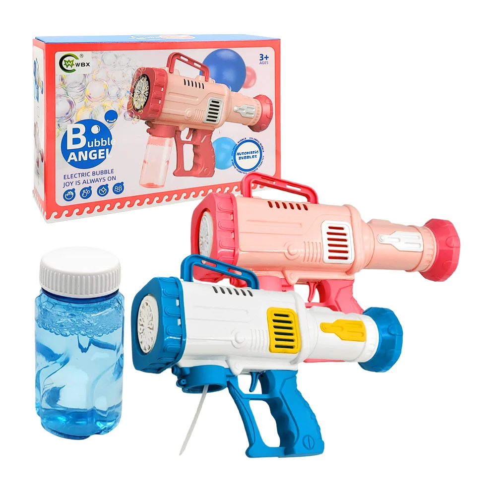 Pistola lanza burbujas eléctrica, de aspas, bicolor, con asa + botella con jabón