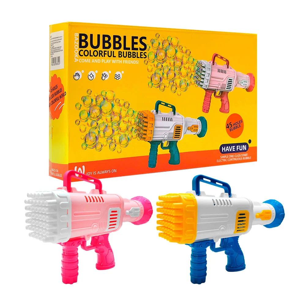 Pistola lanza burbujas eléctrica, con asa y cabezal de 45 orificios + botella