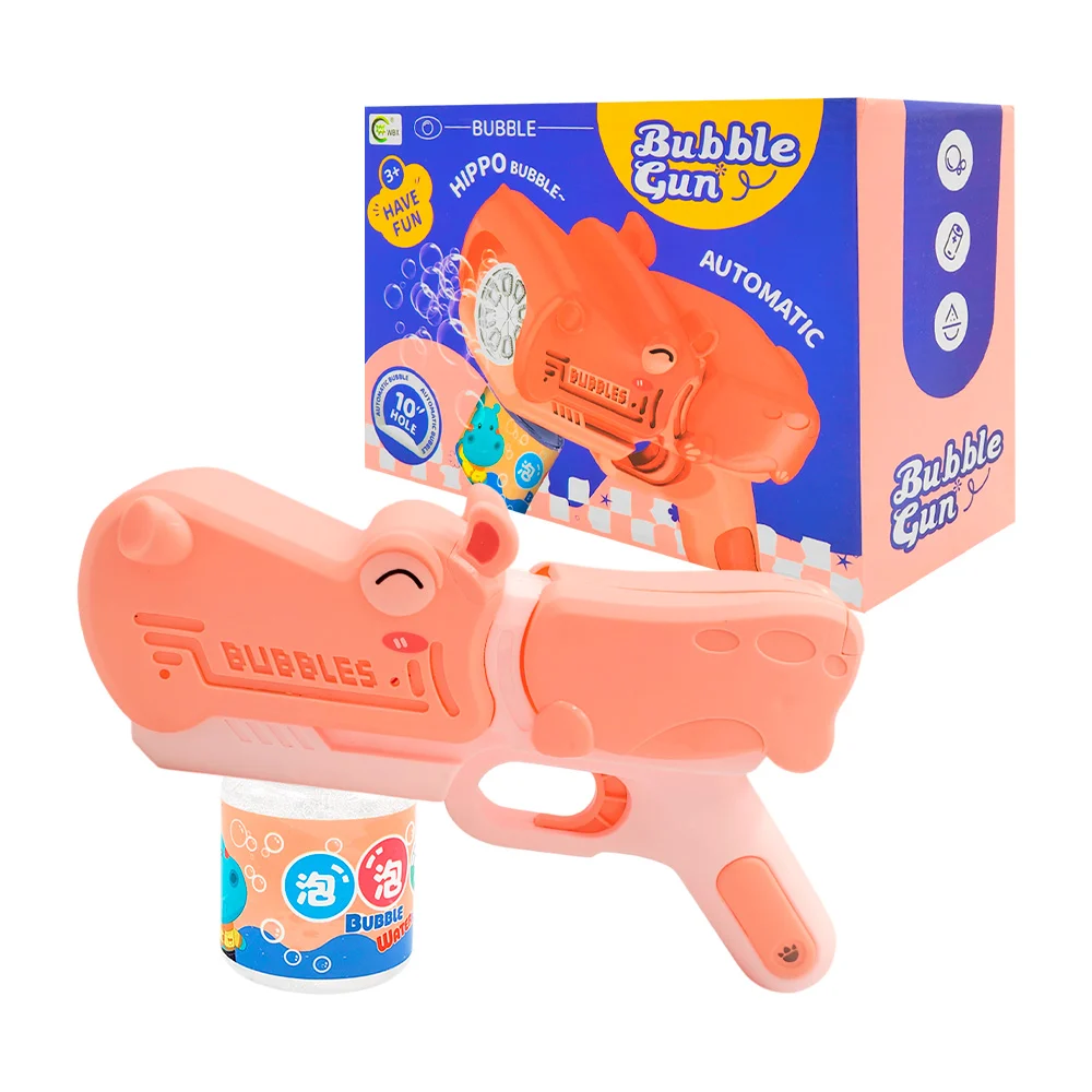 Pistola lanza burbujas infantil en forma de hipopótamo, de aspas + botella