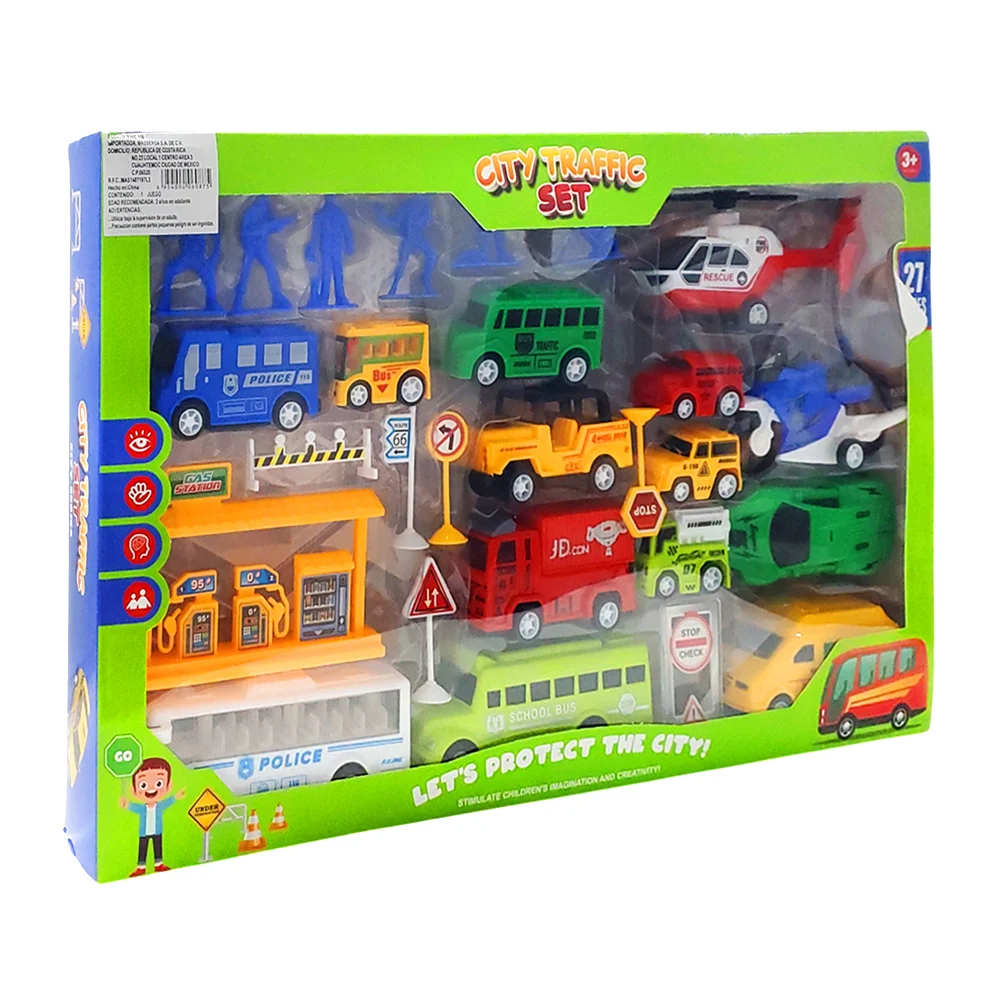Set de coches vehículos de ciudad con señales y muñecos / city traffic set