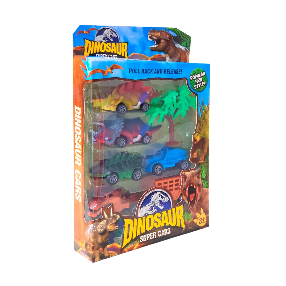 Set de carritos-vehículos de fricción con forma de dinosaurios + accesorios