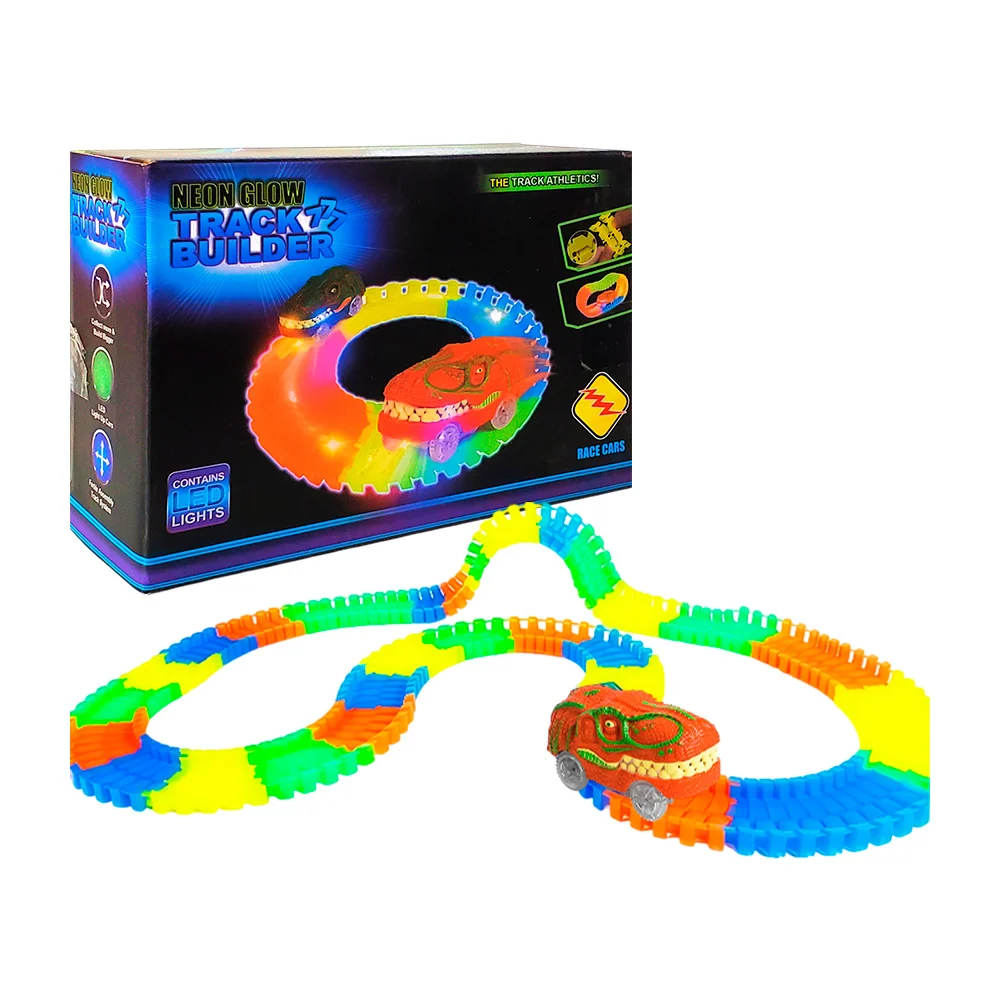 Mini pista mágica neón con carro en forma de cabeza de dinosaurio / 777-127