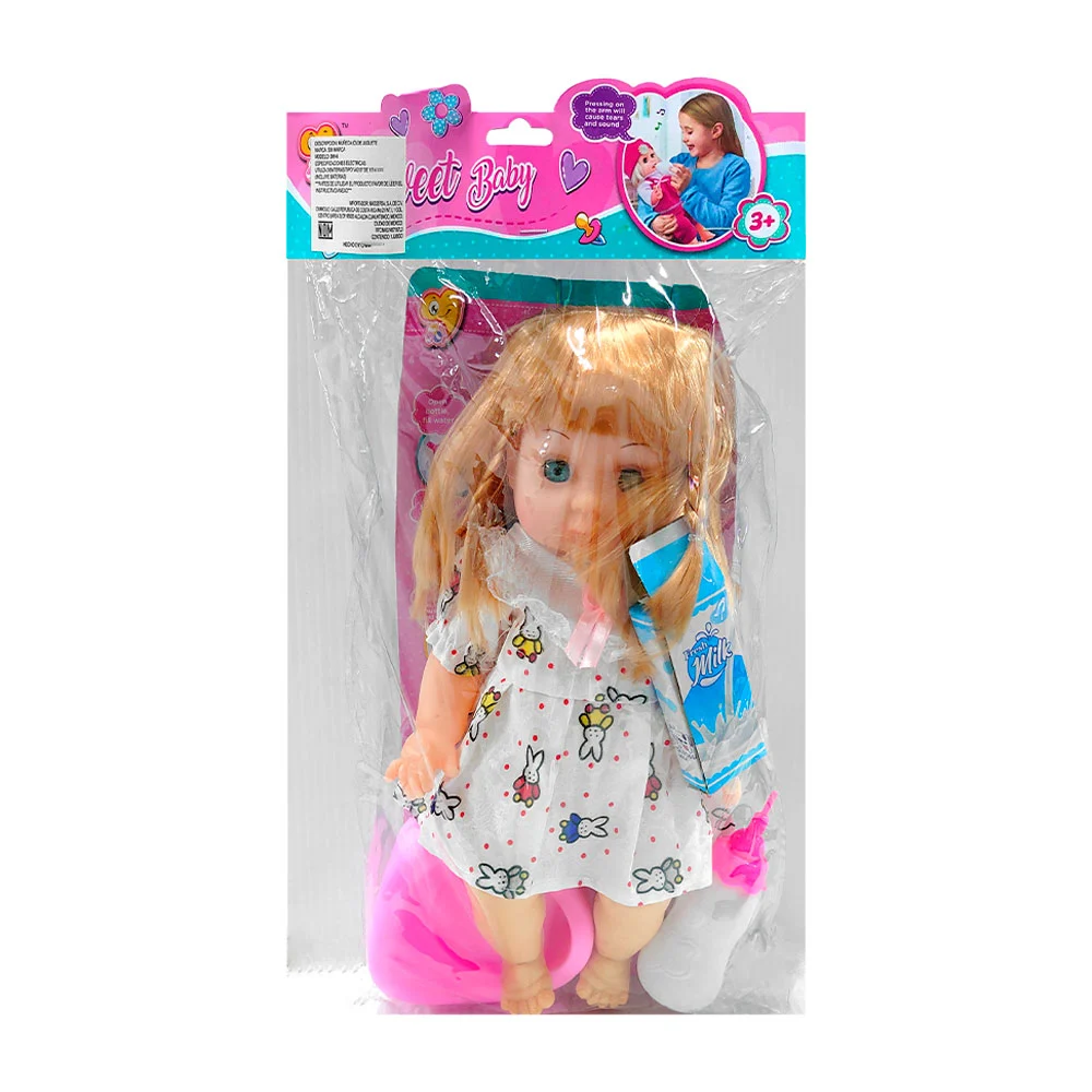 Muñeca bebé sweet baby con vestido, bacinica, biberón y leche, varios colores
