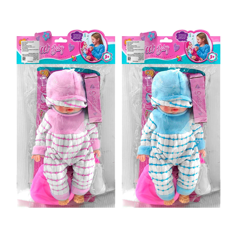 Muñeca bebé sweet baby con mameluco, bacinica, biberón y jabón, varios colores