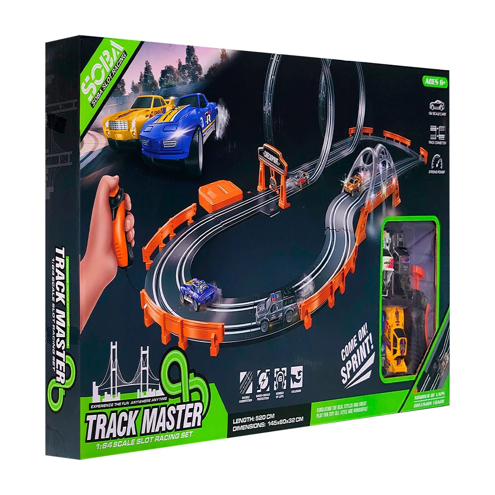 Juguete pista de carreras grande, de doble vuelta, con coches, puentes y leds