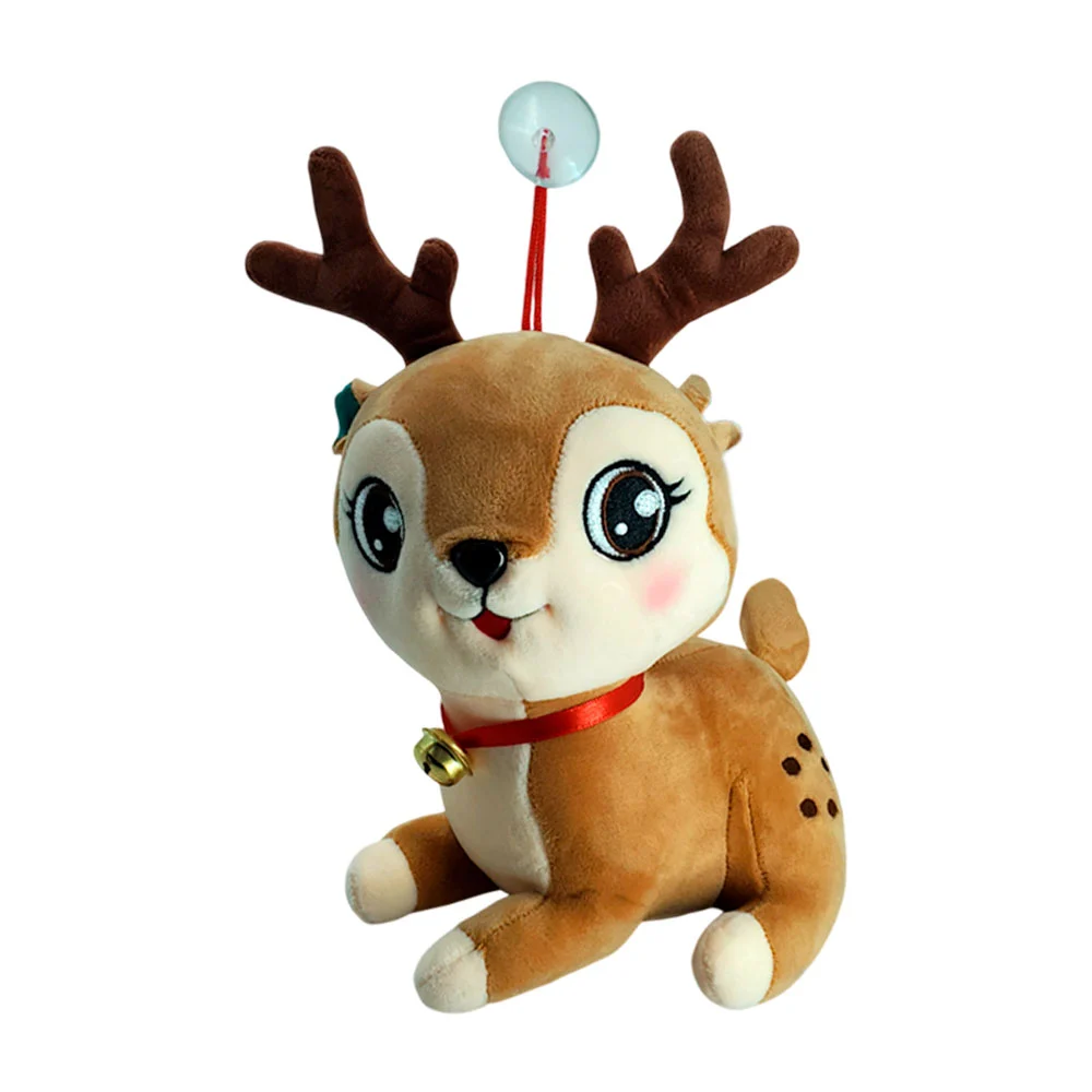 Peluche afelpado de reno sentado navideño con cascabel + ventosa / BWW-500