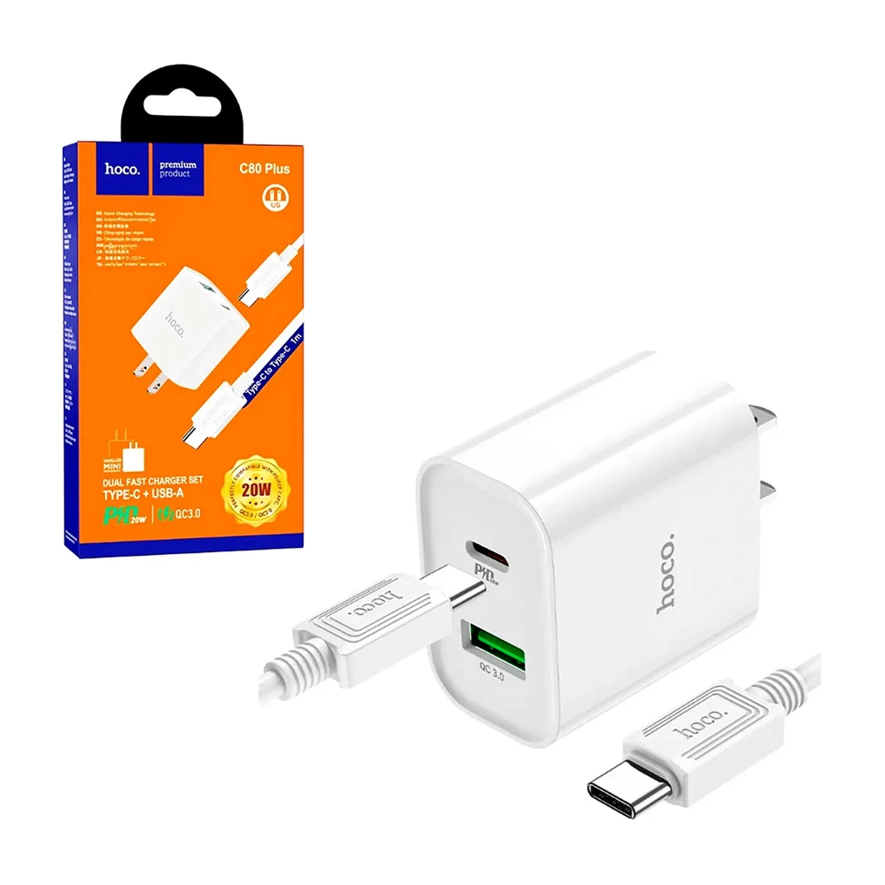 Combo cargador dual fast charge con entrada usb y usb-c + cable tipo c a c, 20w