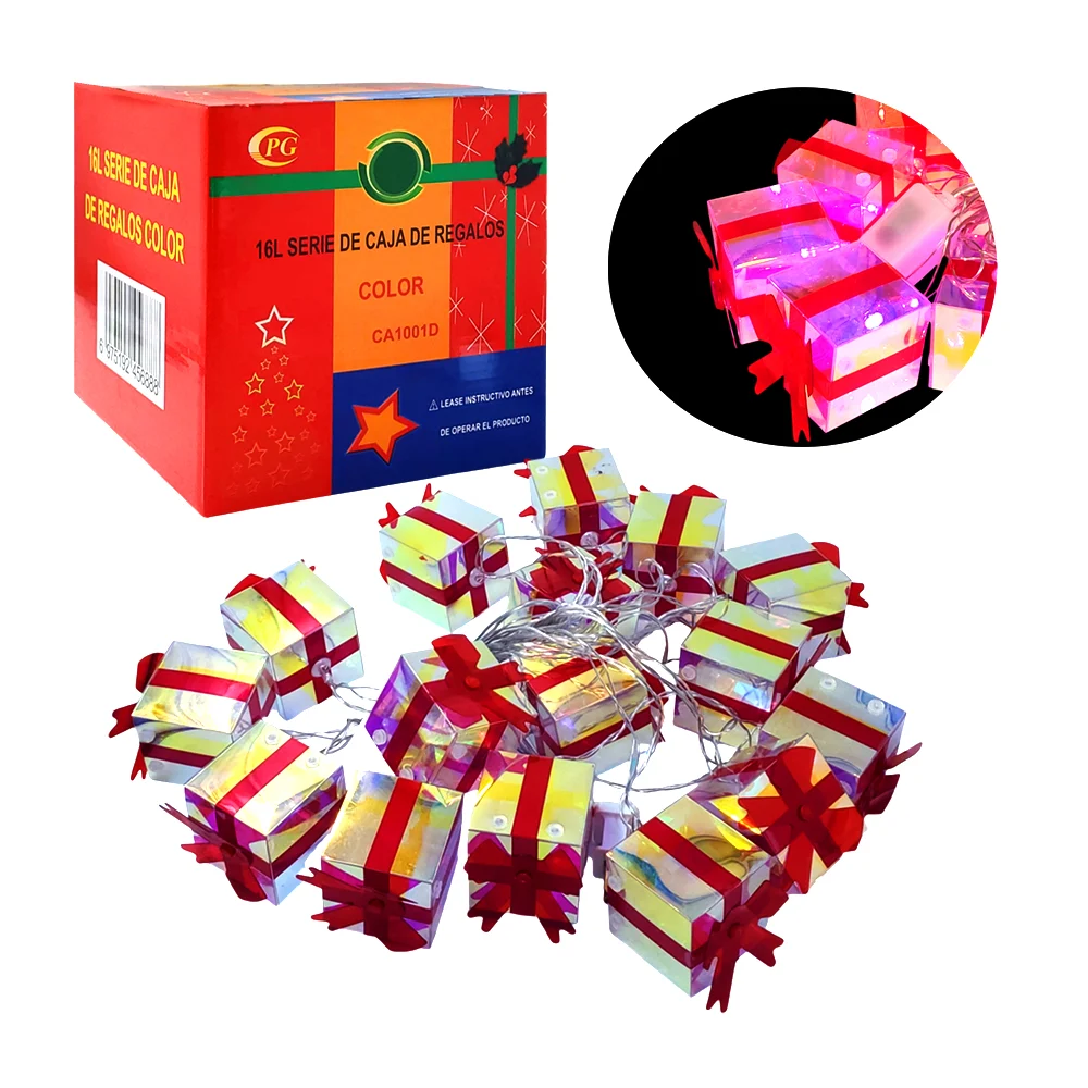 Serie guirnalda decorativa navideña con forma de mini regalos y luces de colores