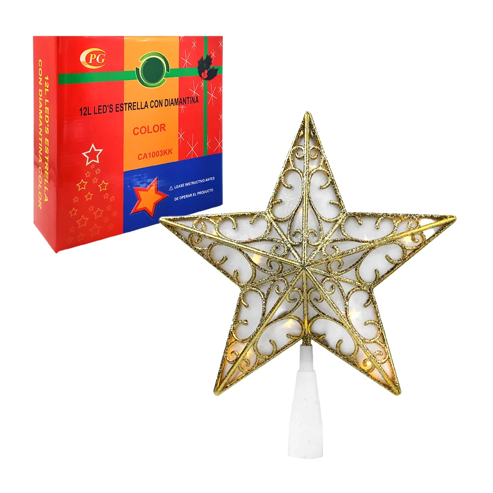 Decoración de estrella navideña, con cubierta de diamantina y luces coloridas