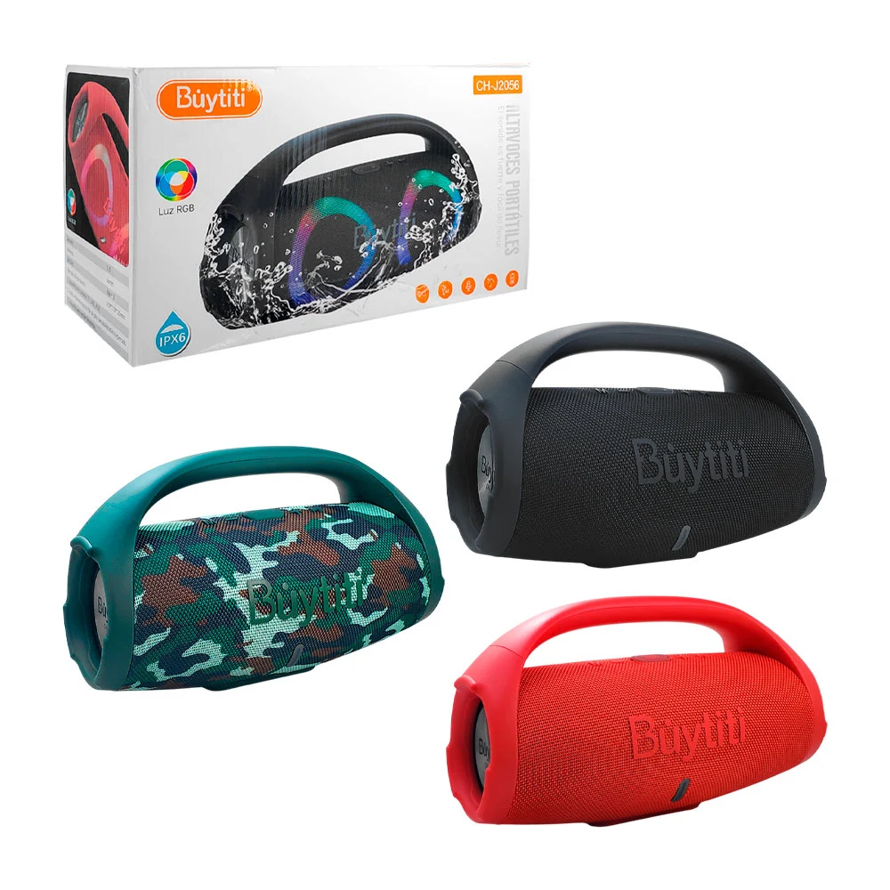 Bocina inalámbrica con asa, botones de función, puertos de conexión y aros led