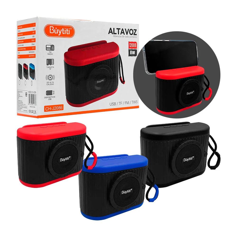 Bocina inalámbrica en forma de cámara, con botones frontales y puertos traseros