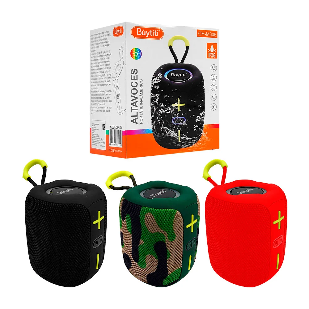 Bocina pequeña, inalámbrica, con asa, botones frontales e iluminación rgb