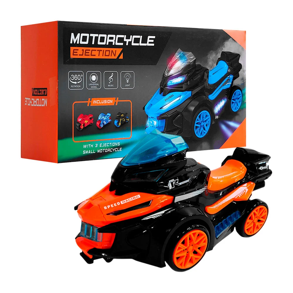 Motocicleta móvil con luces, música y lanzador de 3 mini motos, varios colores