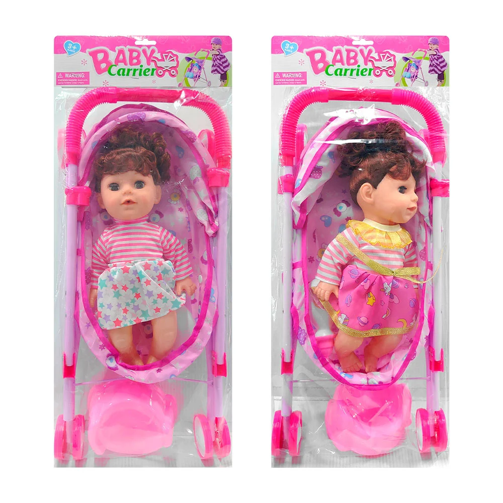 Muñeca bebé con carreola, bacinica y biberón / baby carrier / gz114-e