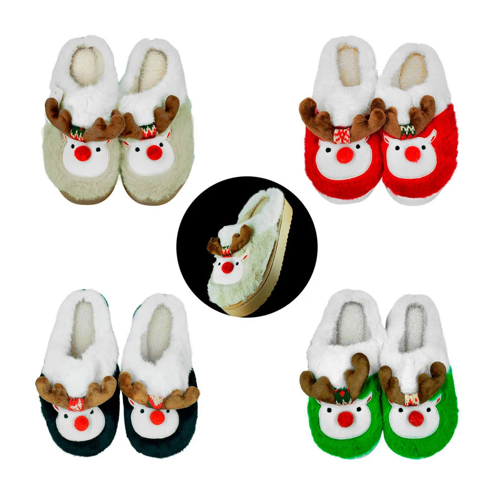 Pantuflas con diseño de reno afelpado navideño con suela alta, color surtido