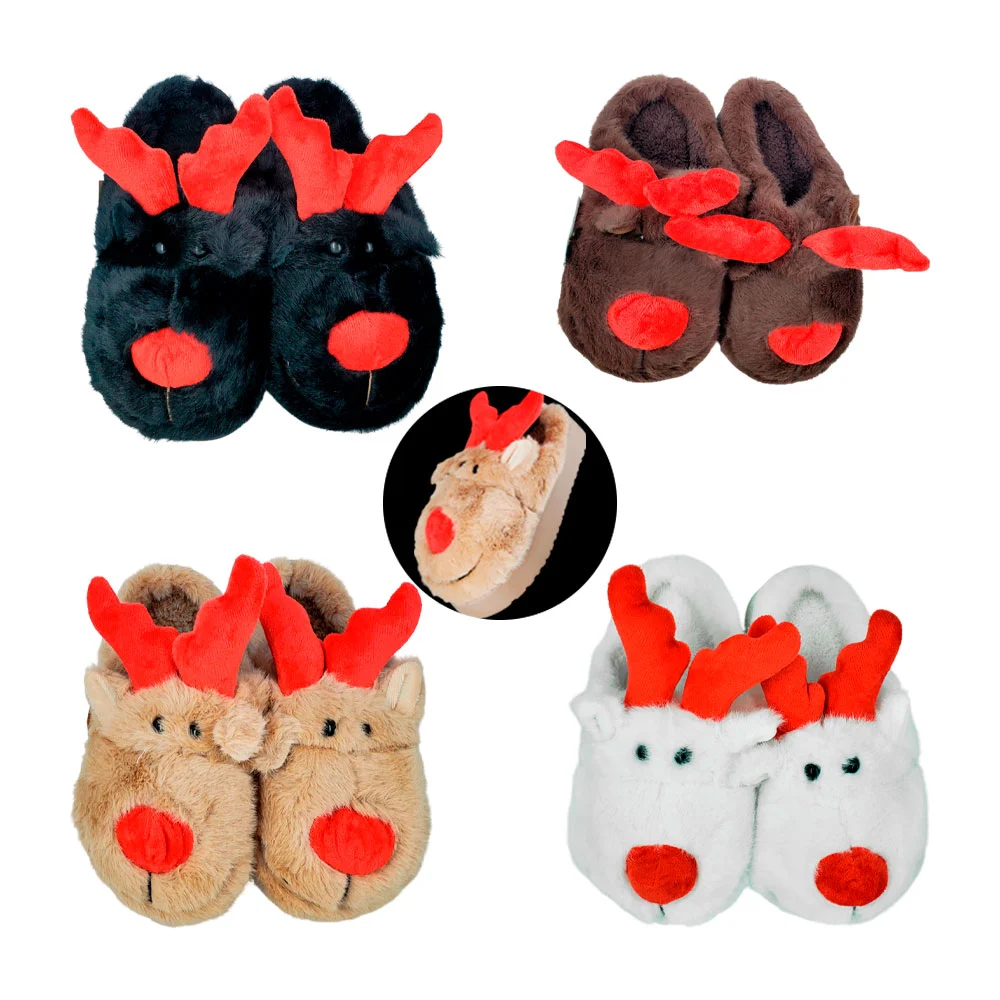 Pantuflas con diseño de reno grande afelpado navideño, suela alta, color surtido
