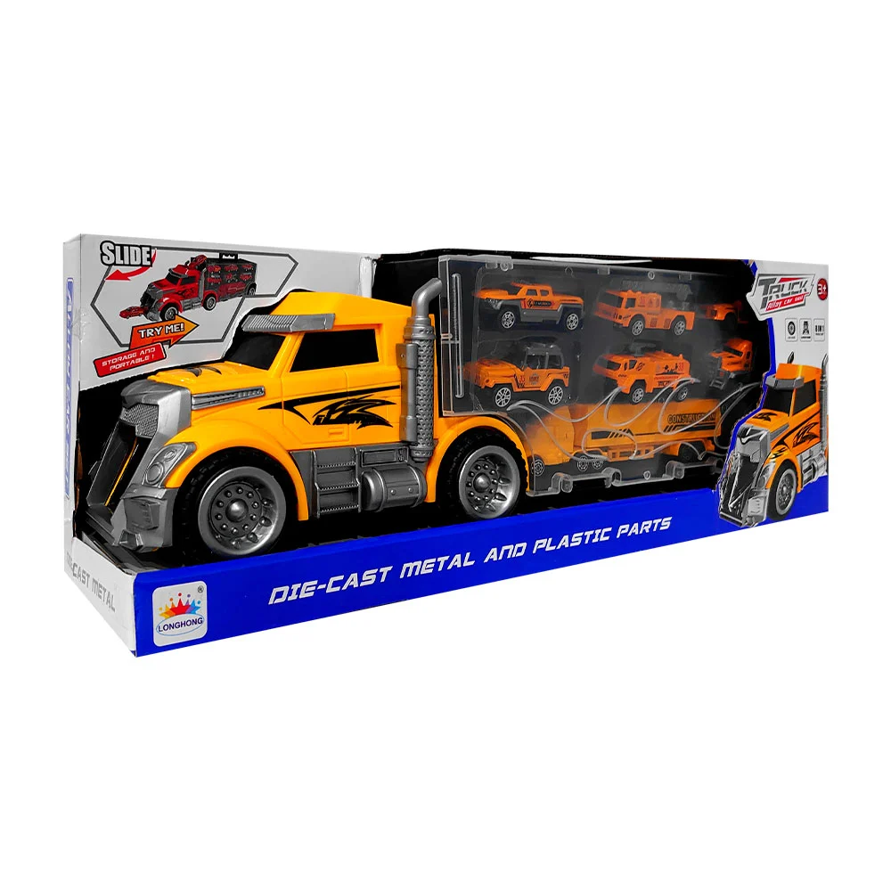Tráiler de juguete con contenedor y lanzador de 6 camiones metálicos / truck