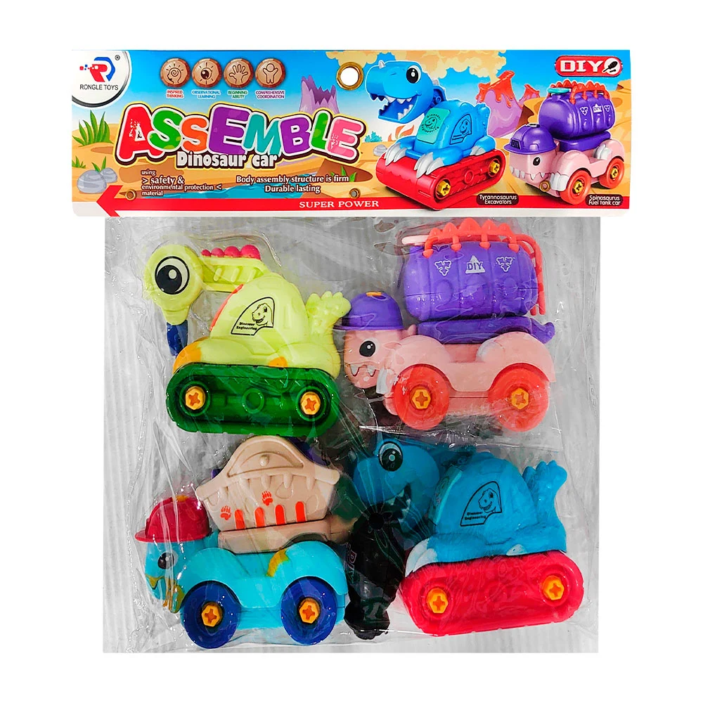 Paquete con 4 camiones de construcción con diseño de dinosaurios / assemble