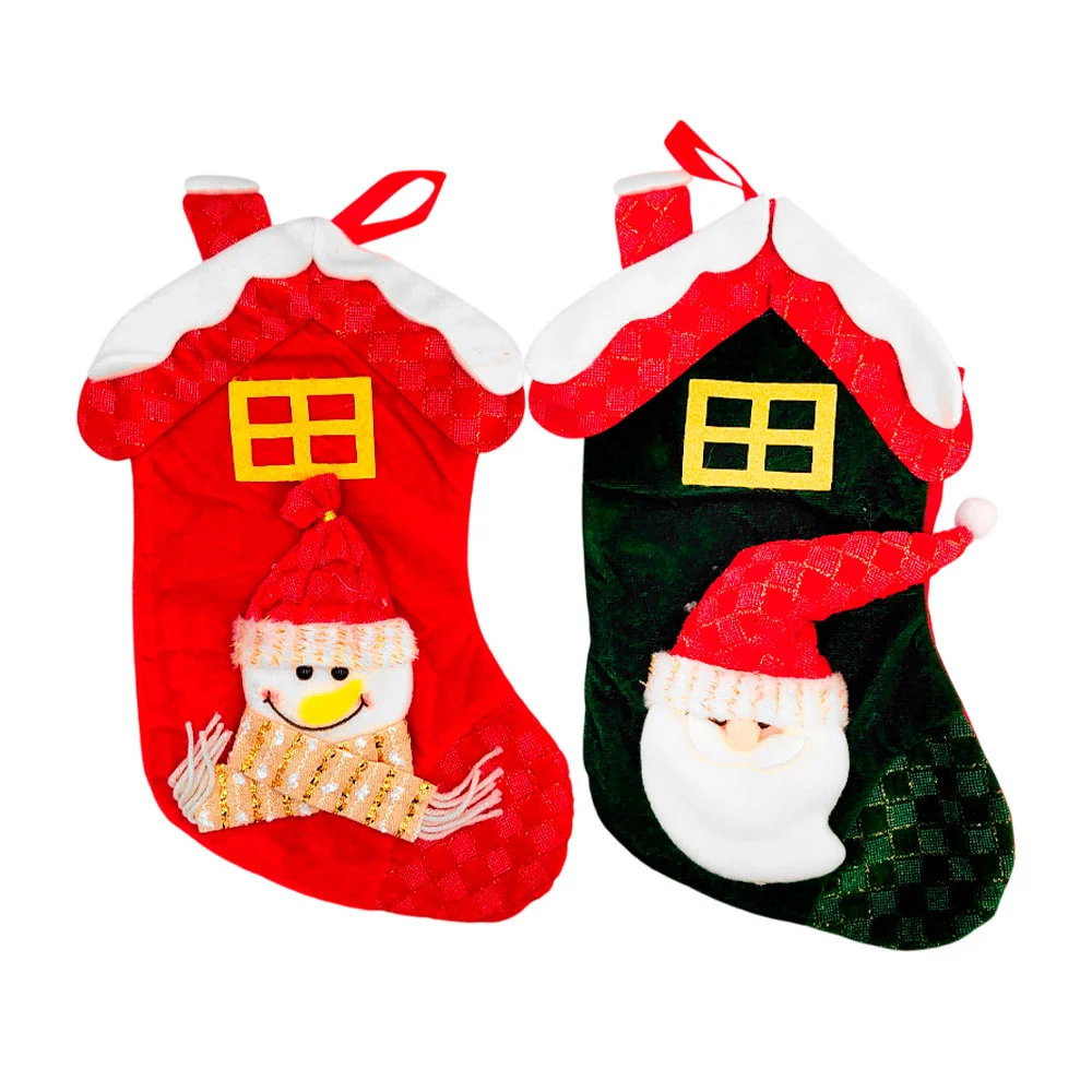 Bota navideña colgante mediana de 34.5x24.5cm con diseño de casita y personajes