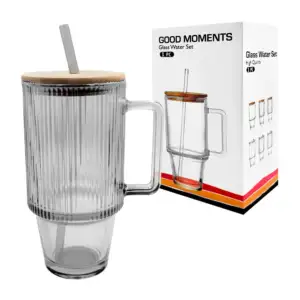 Vaso taza de vidrio con textura y tapa de madera + popote de vidrio /…