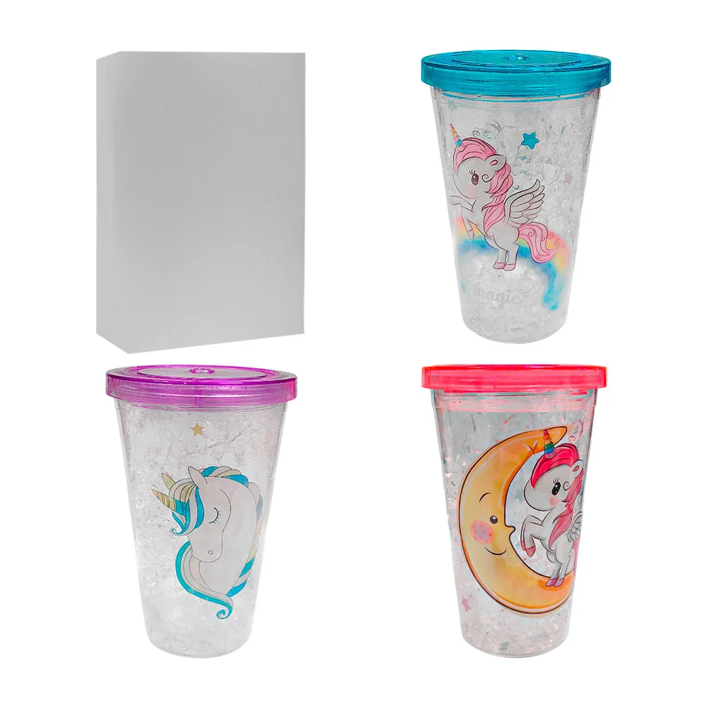 Vaso de acrílico efecto hielo con estampado de unicornio + tapa / lb1810-p