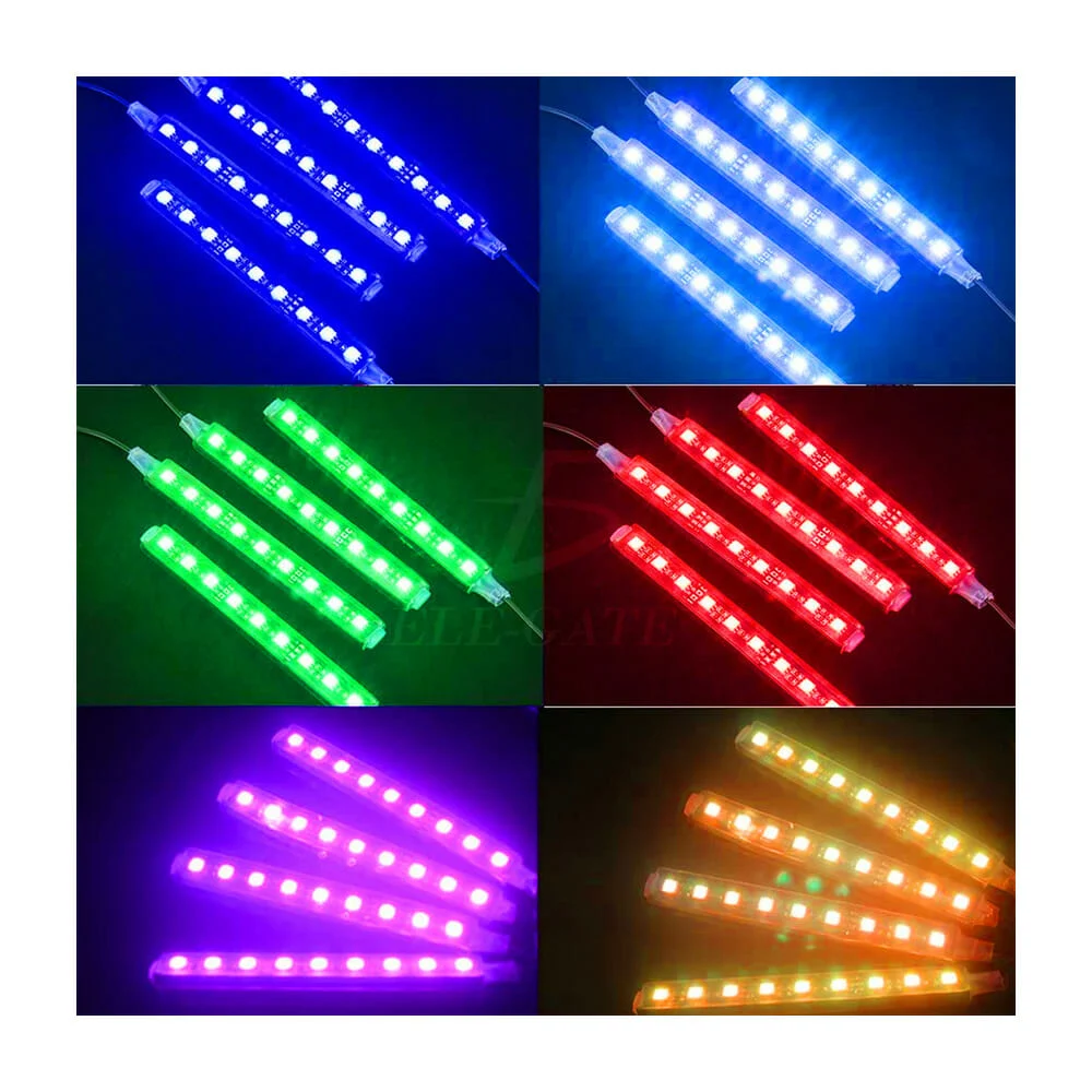 Juego de 4 tiras ele-gate con 9 leds de luz rgb y entrada tipo plug de encededor coche carro / led.qcrgb.001