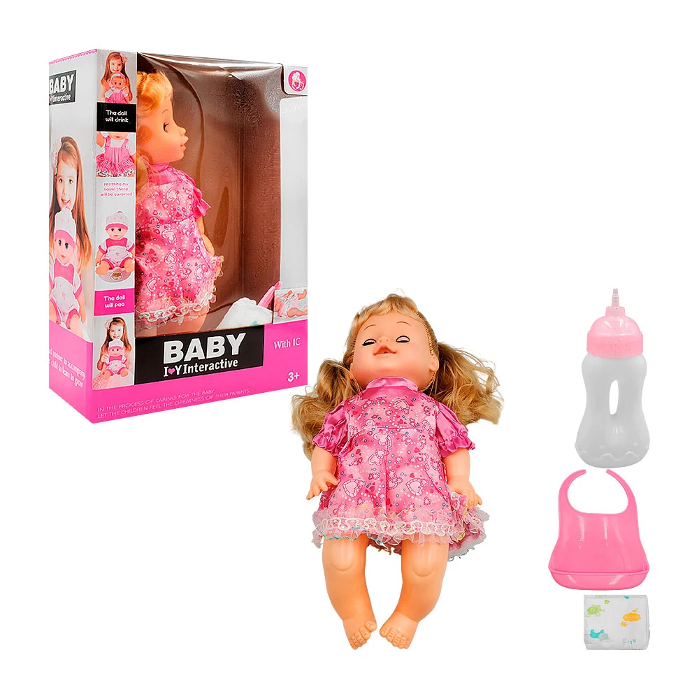 Muñeca interactiva de plástico, 14in con pañal + accesorios