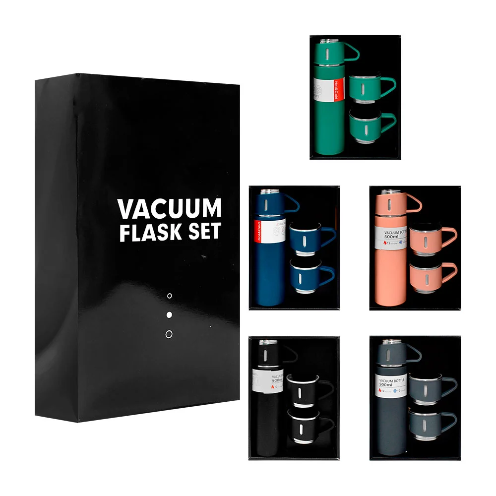 Termo liso de acero inoxidable 500ml y juego de 3 tazas metálicas, variedad de colores / vacuum flask set / bz827 / ay-774 / bwb-2500