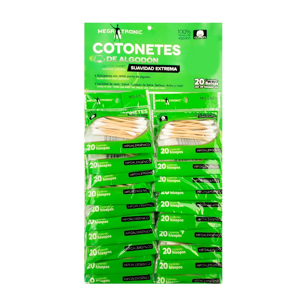 Planilla con 20 paquetes pequeños de 20 cotonetes / hisopos, usos varios