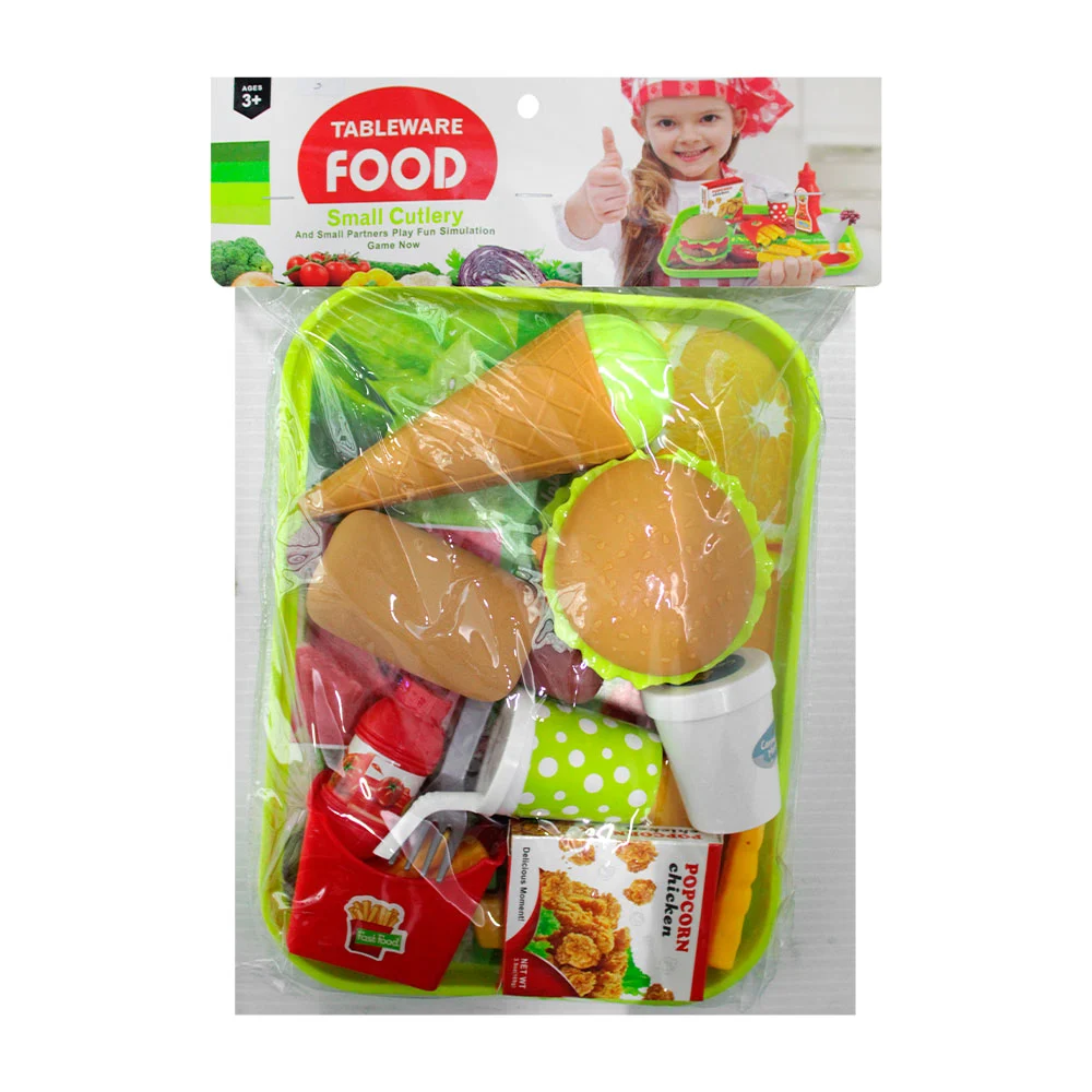 Set de juguetes en forma de tabla con comida rápida, botana y postre