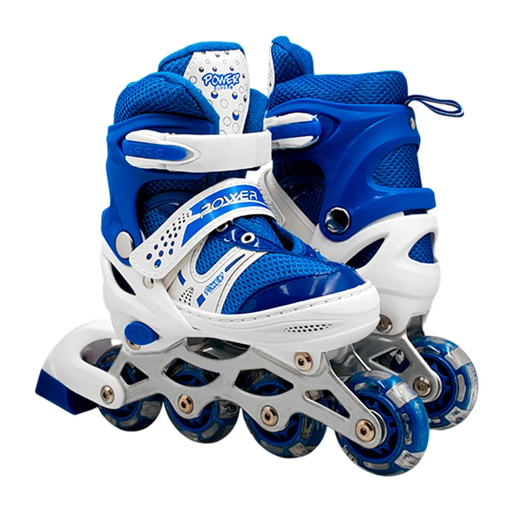 Par de patines infantiles con cuatro ruedas en línea y base metálica