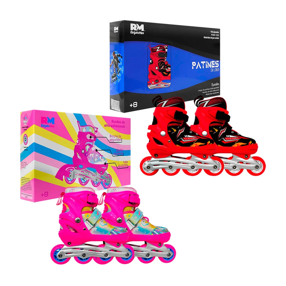 Par de patines en línea con base metálica y diseño estampado, modelos varios