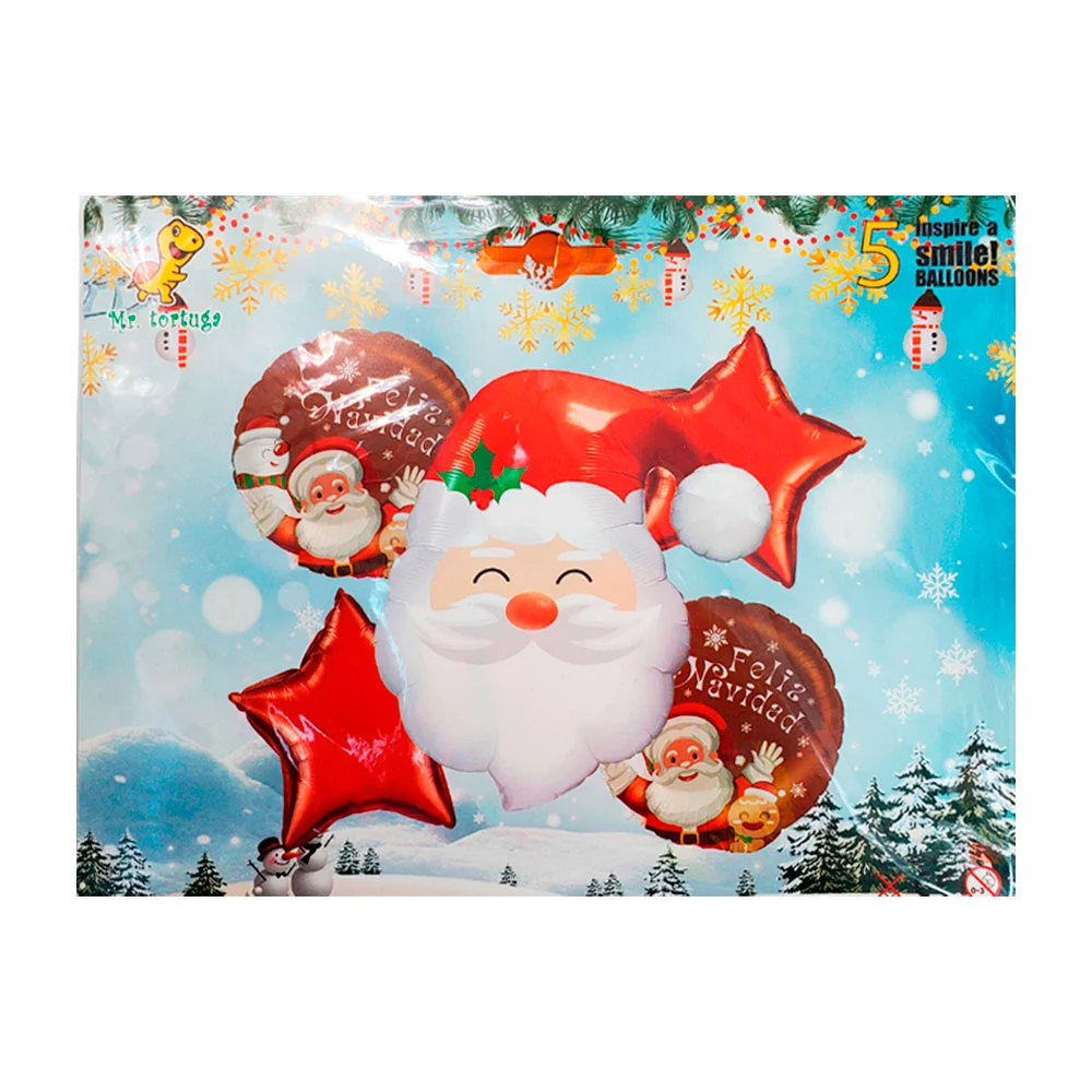 Paquete con 5 globos con temática navideña, cabeza de santa, estrellas, variedad