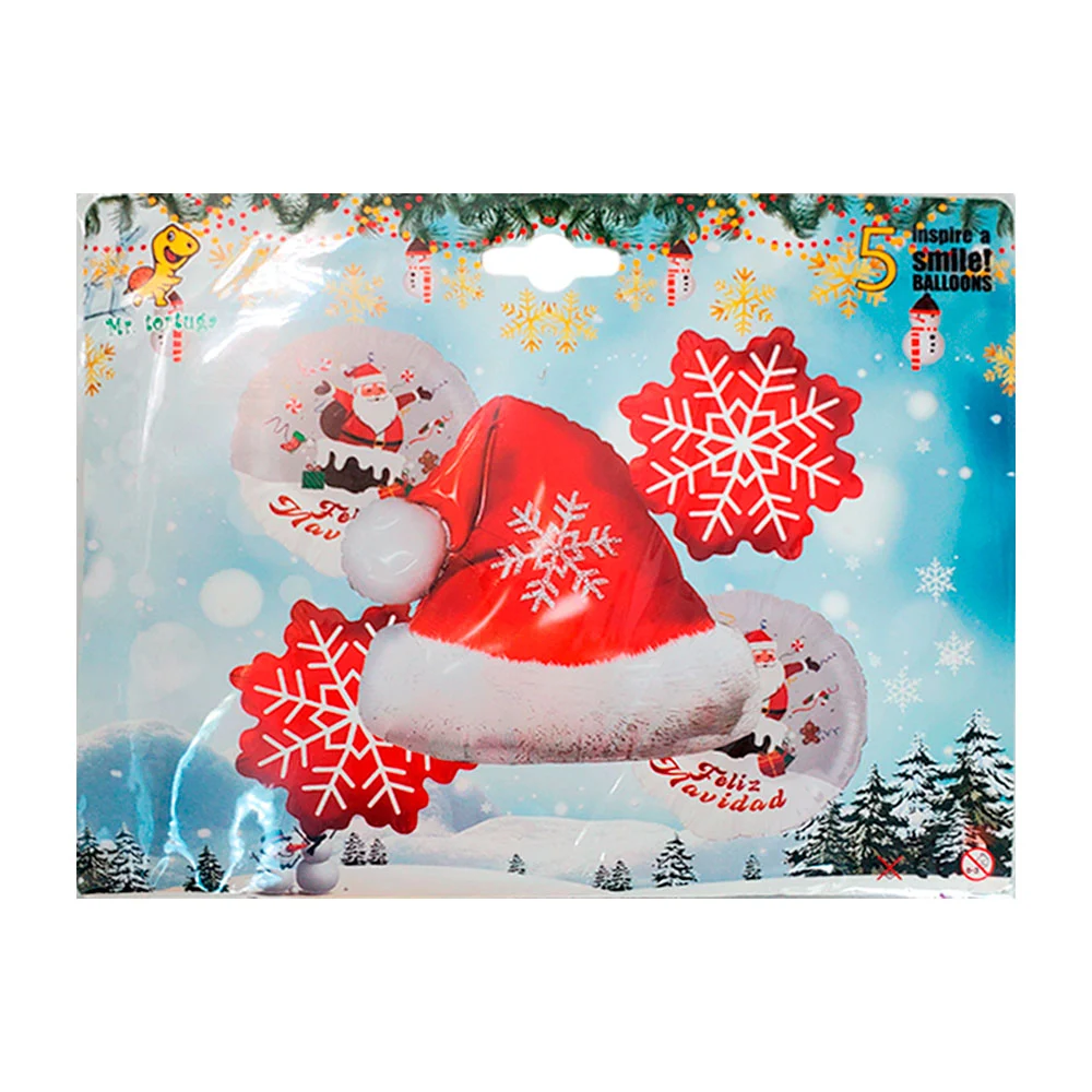 Paquete con 5 globos con temática navideña, gorro de santa, copos, variedad