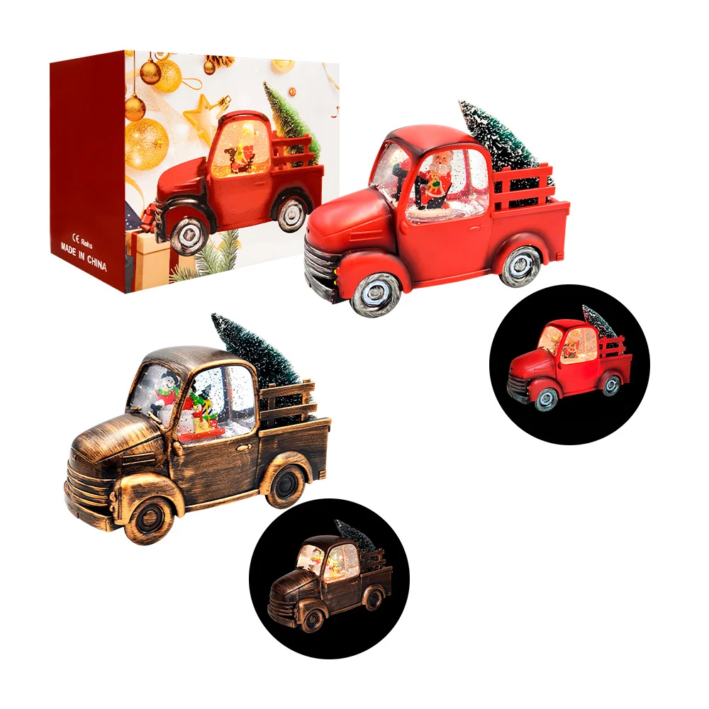 Adorno navideño músical en forma de camioneta con pino y figura encapsulada