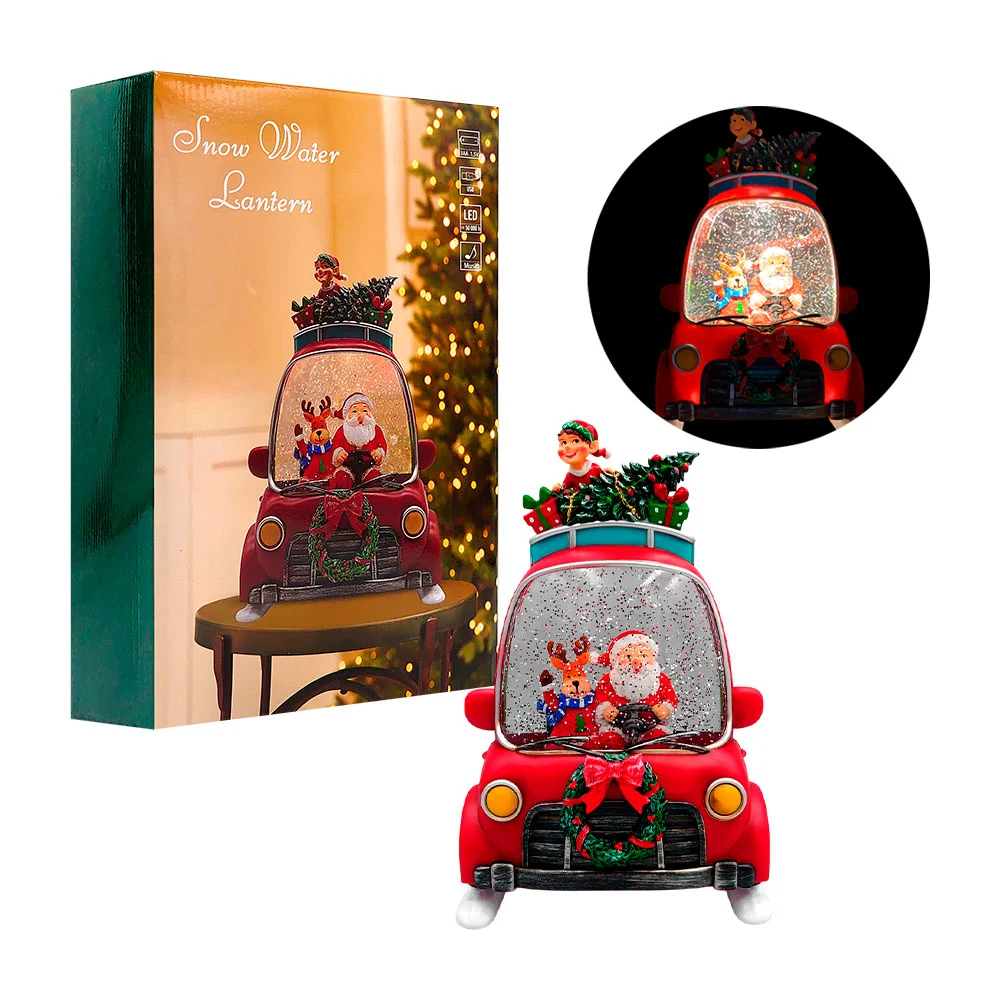 Adorno navideño, forma de carro con figura decorativa, figura de duende y pino