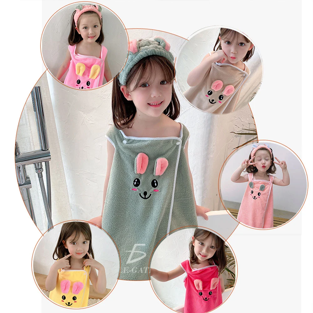 Toalla de baño infantil tipo bata afelpada con decoración de animalito y banda para el cabello, variedad de colores