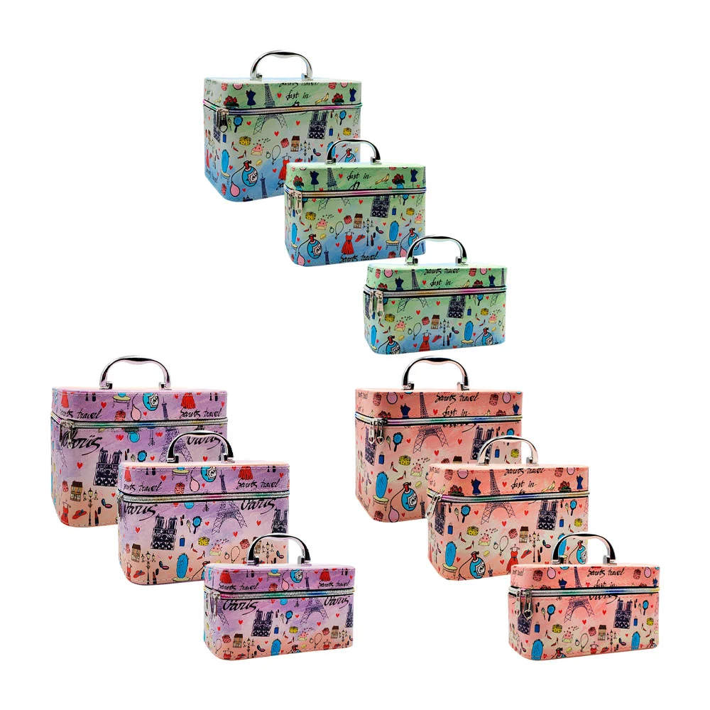Kit de 3 cosmetiqueras tipo vinil con estampado parisino, variedad de colores
