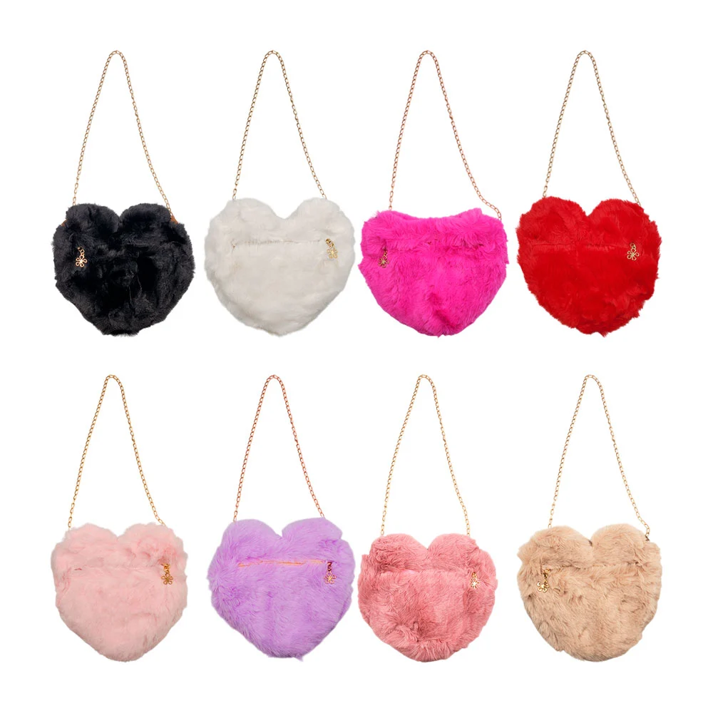 Bolsa infantil afelpada en forma de corazon con asa cadena, variedad de colores