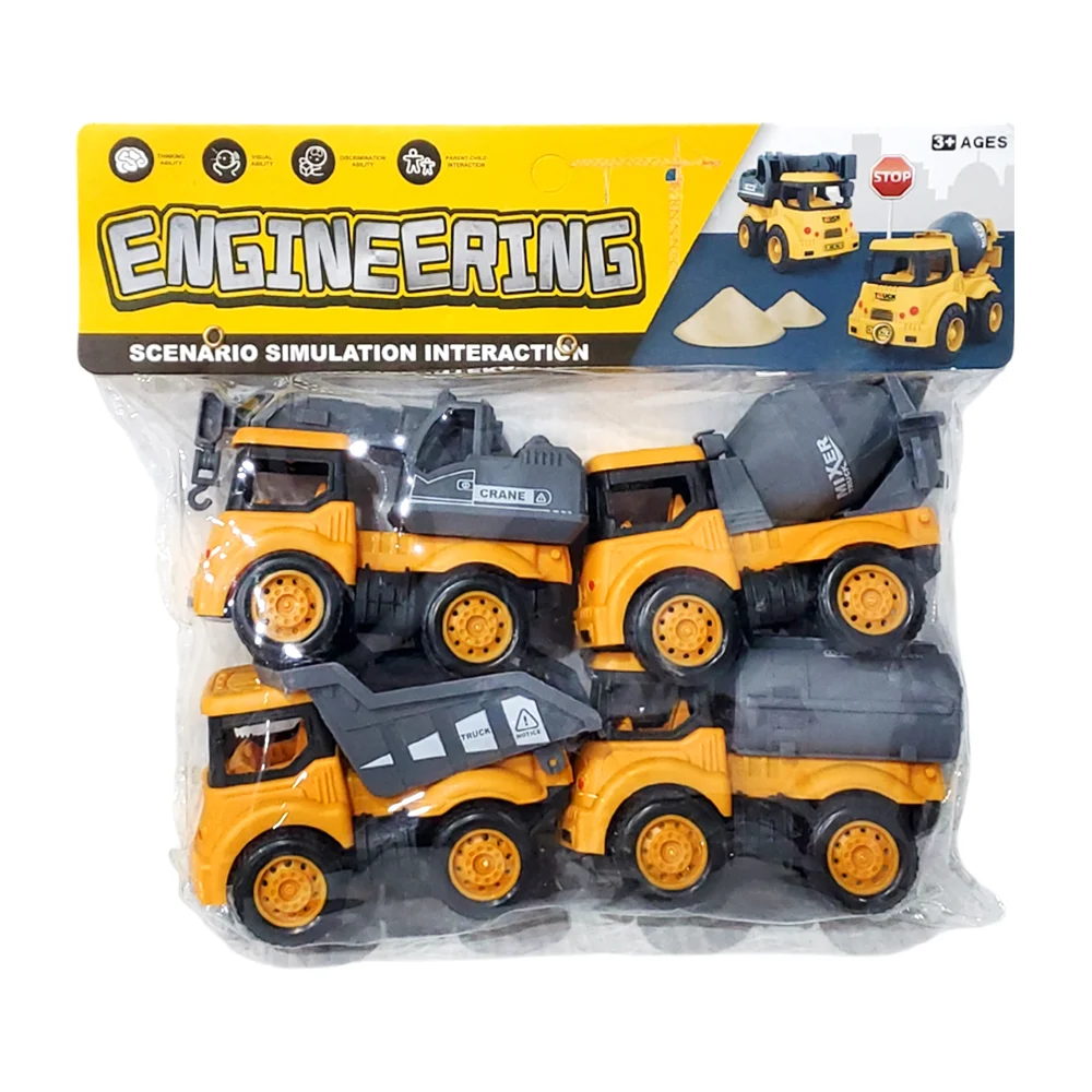 Blíster con cuatro coches / camiones de constructora, pequeños, de plástico