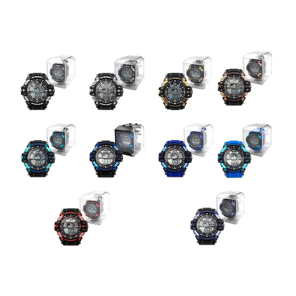 Reloj digital redondo, con bordes de plástico botones y mini pantalla de mundo