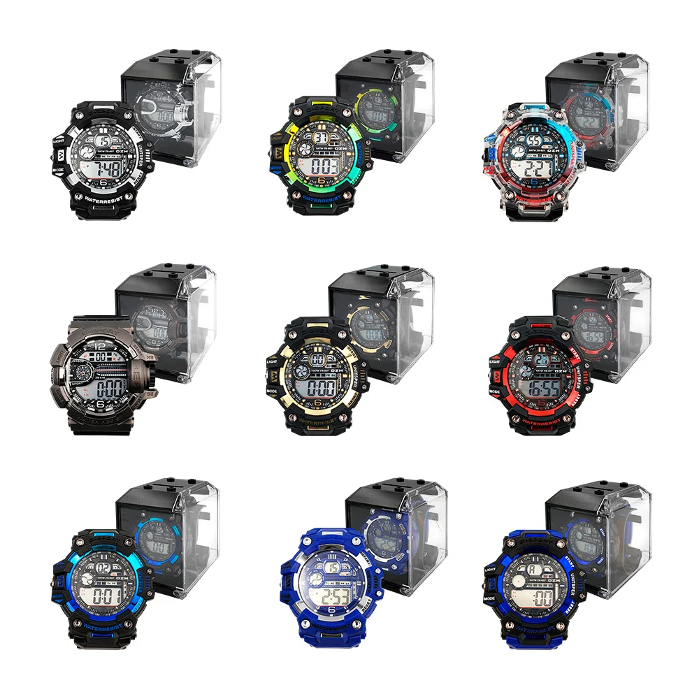 Reloj digital redondo, con bordes de plástico robustos y botones de función