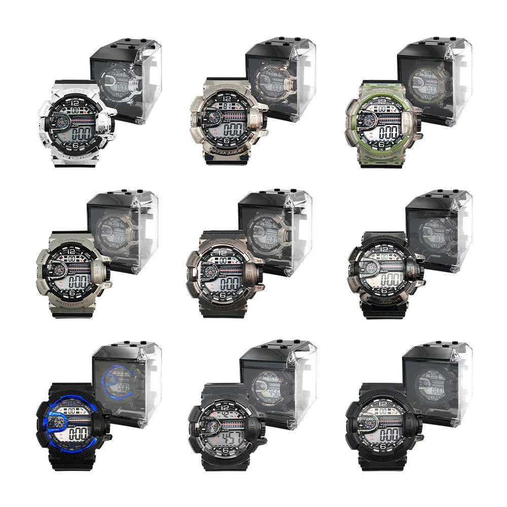 Reloj digital redondo, con bordes de plástico, botones, y diseño atravesado