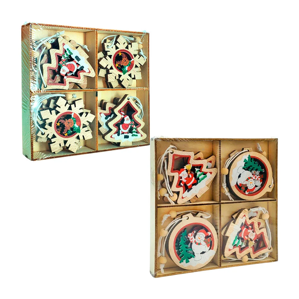 Paquete con 12 mini adornos navideños colgantes de madera, variedad de modelos