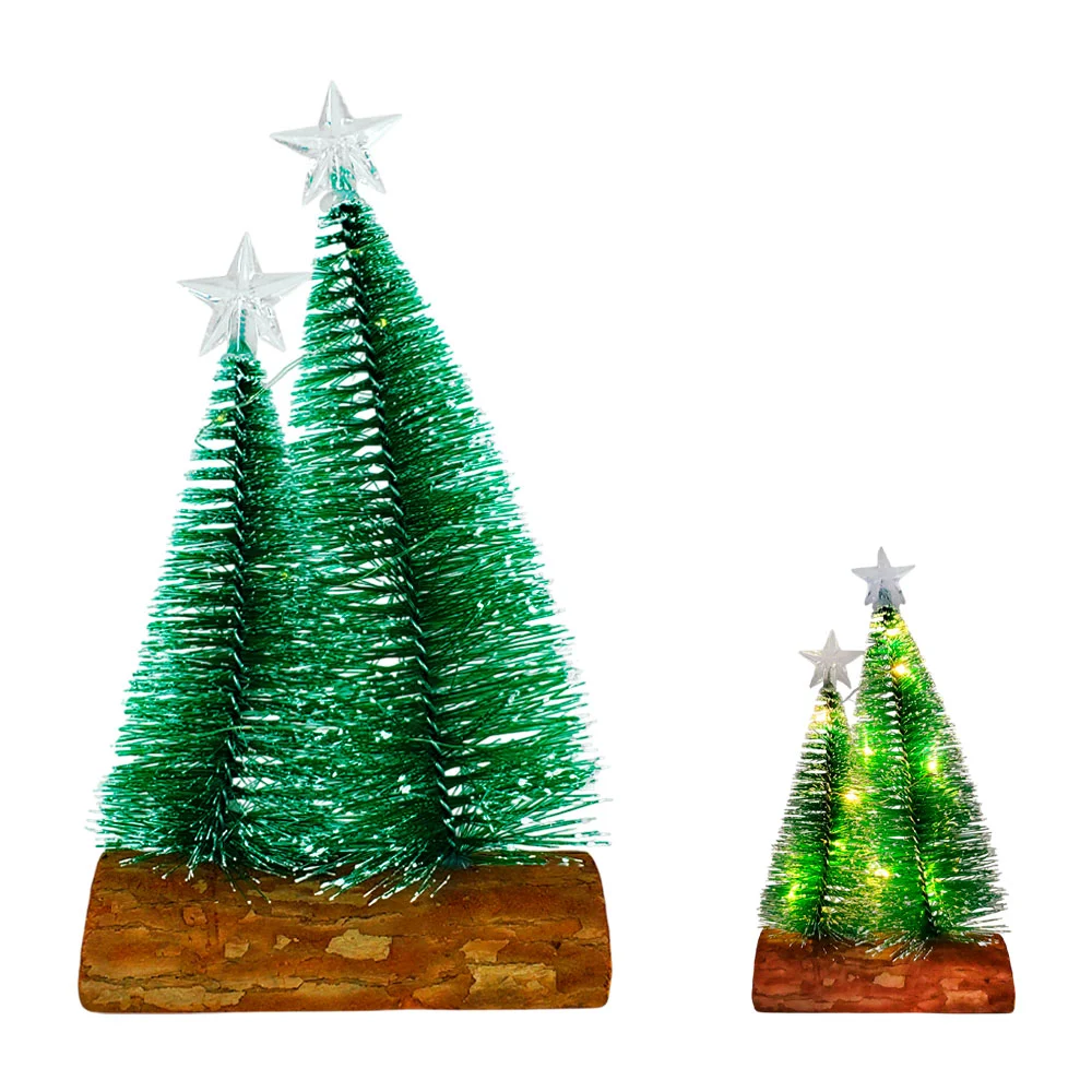 Adorno decorativo navideño de 2 pinos con estrella, luz led y base de madera
