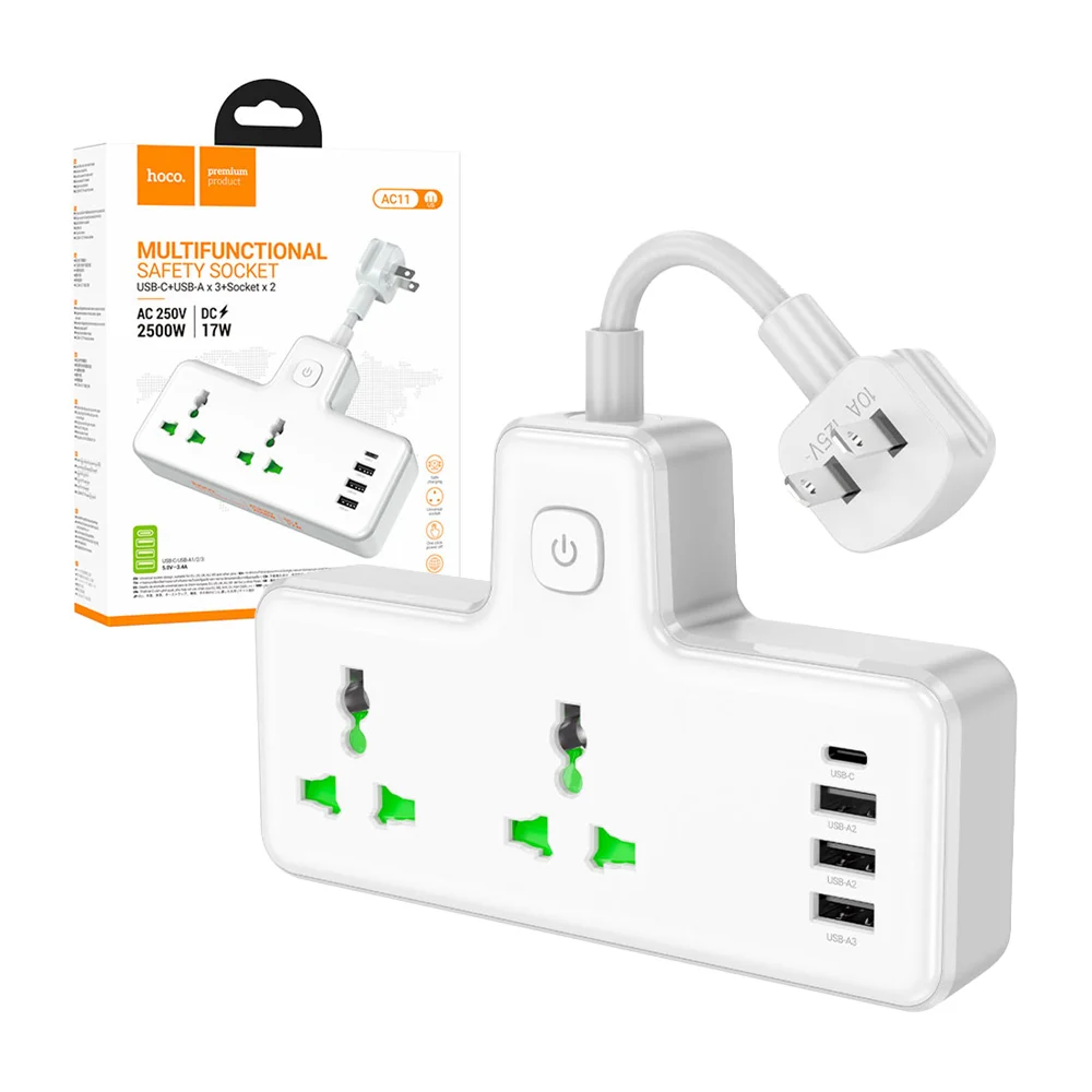 Multicontacto con 2 enchufes tomacorrientes, 3 puertos usb y 1 tipo c, 2500w