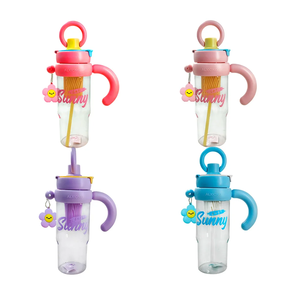 Botella transparente con infusor, popote, asa, cierre hermético + llavero