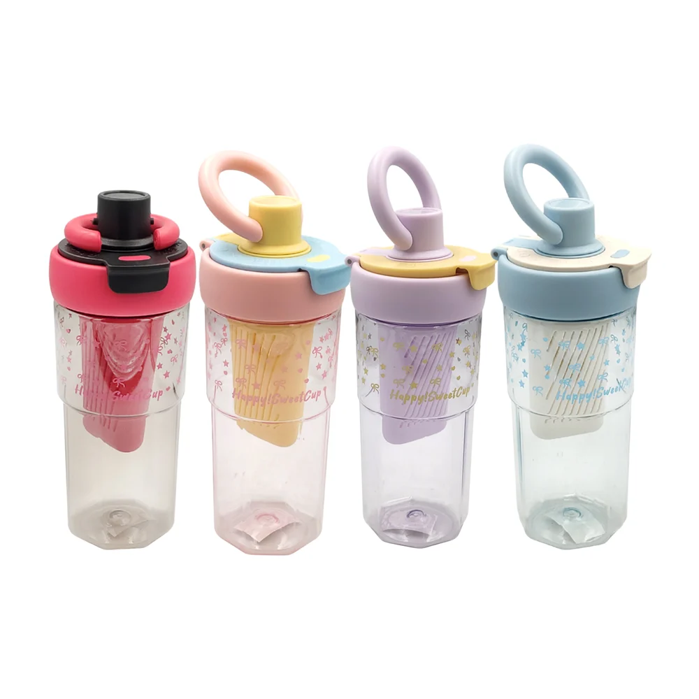 Botella con infusor y popote, cierre hermético estampado de moño y estrellas