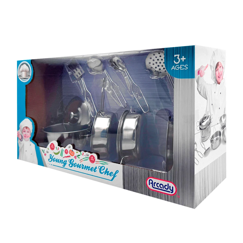 Set de cuatro mini ollas y cinco utensilios de cocina infantiles metálicos